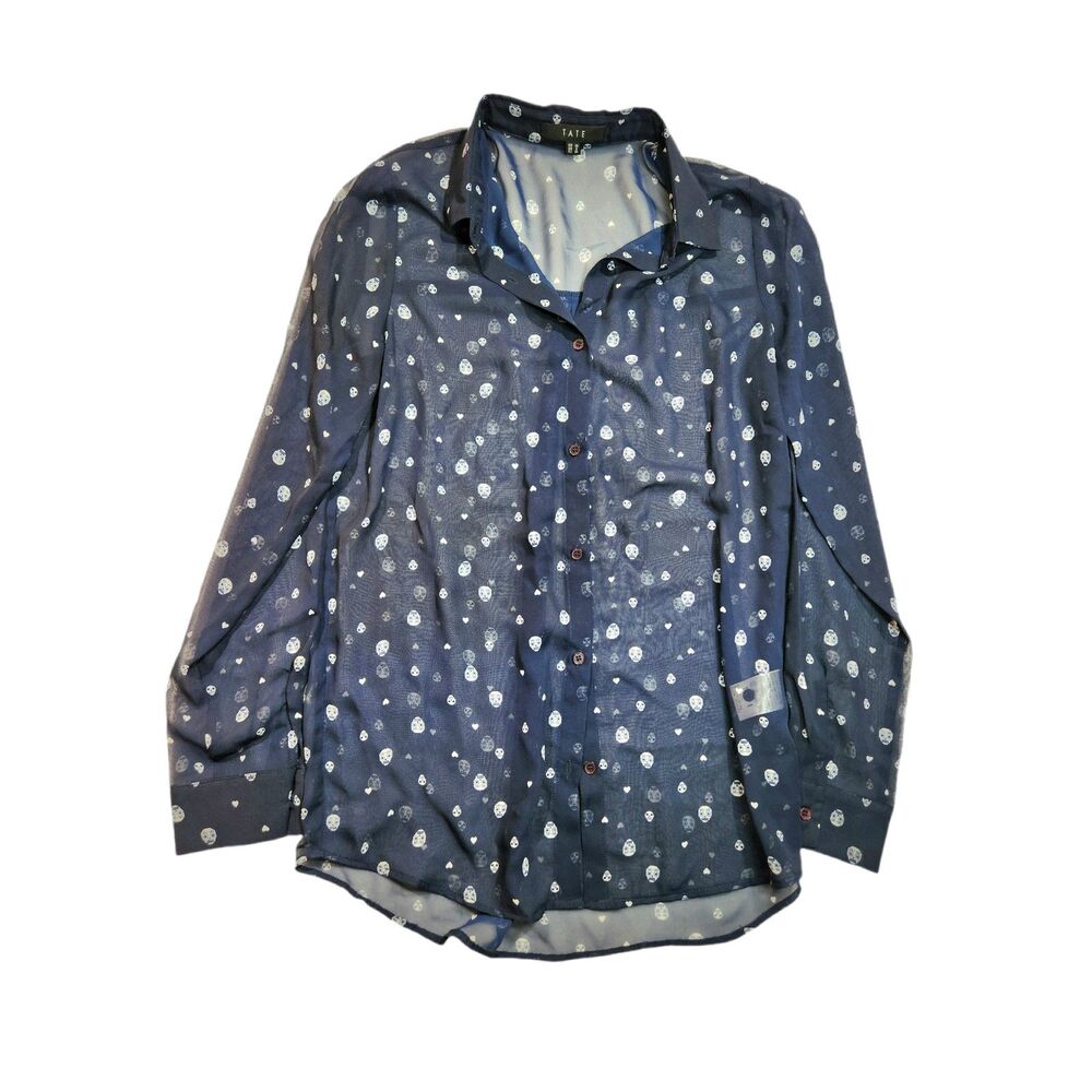 Gothic Print Skull Hearts Sheer Button Up Small Blouse Navy Blue Tate Whimsical